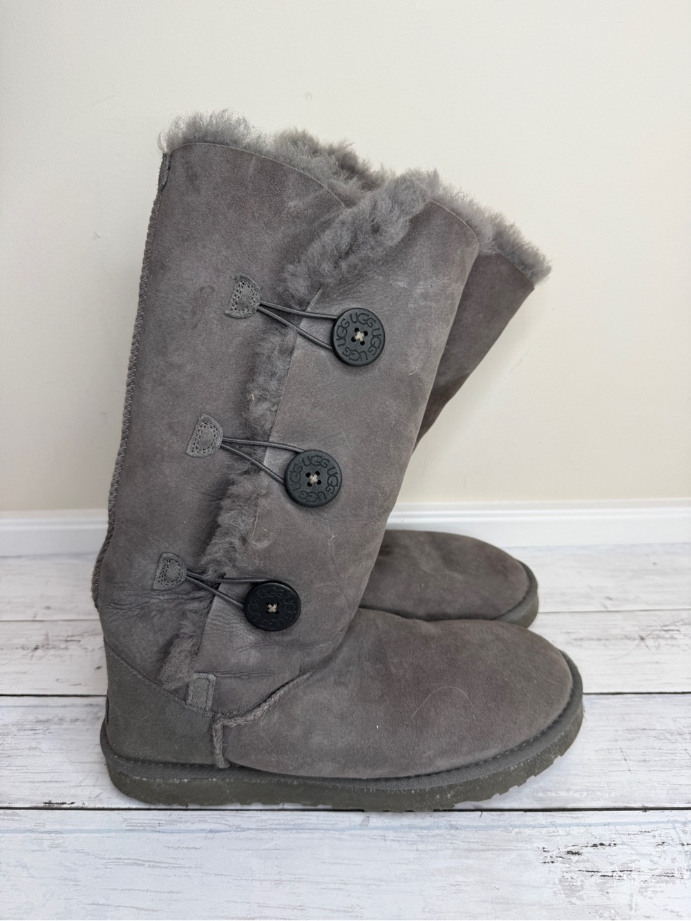 UGG Gray Button Shearling Mid-Calf Boots